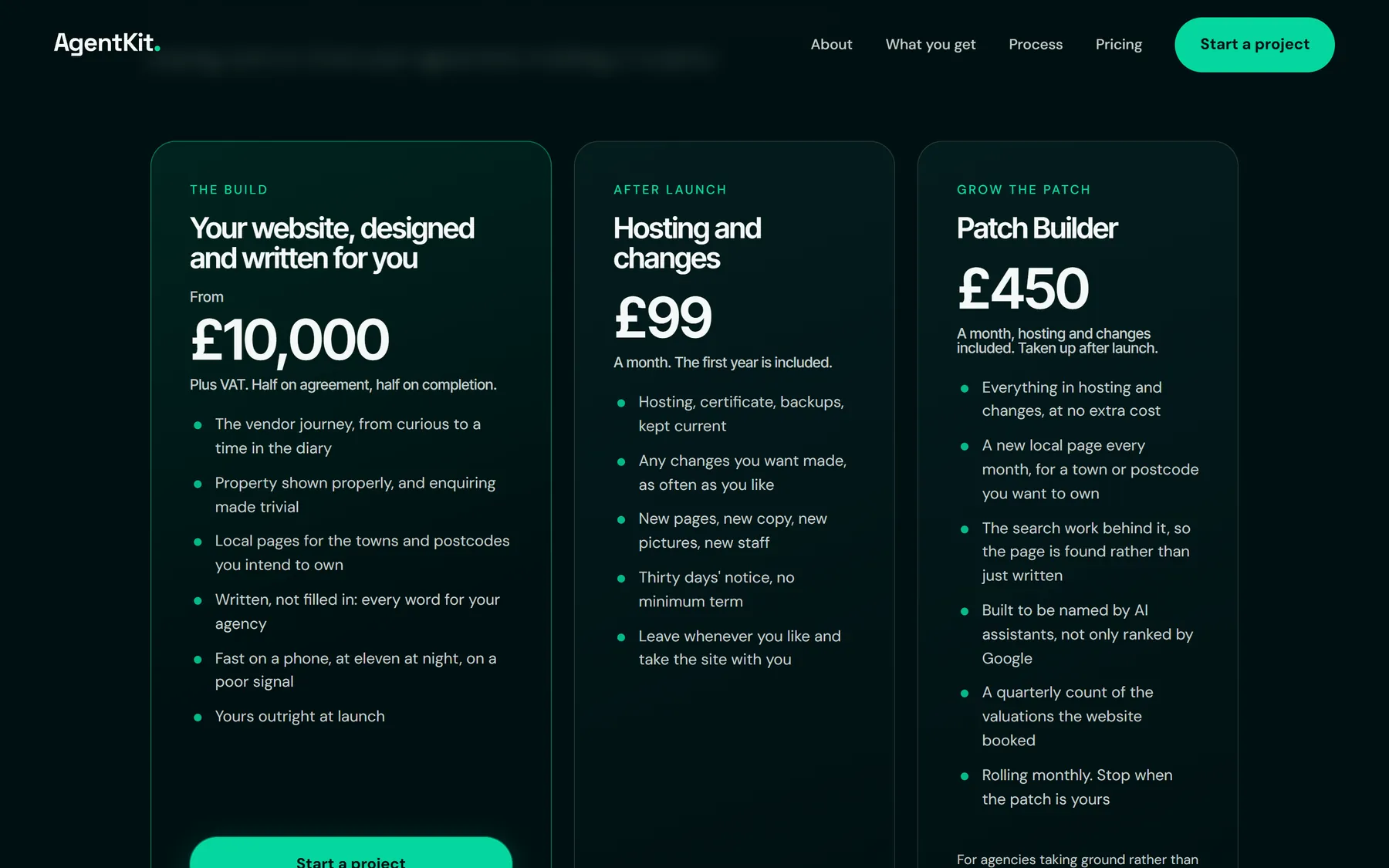 Our pricing page: the build from £10,000, hosting and changes at £99 a month, and Patch Builder at £450 a month.
