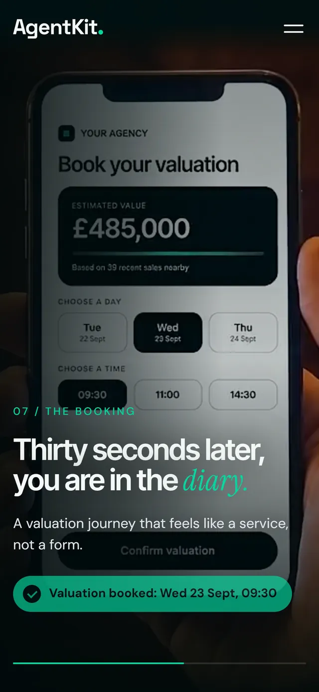 A phone showing a valuation booking: an estimated value, a choice of day and a choice of time, and the line Thirty seconds later, you are in the diary.