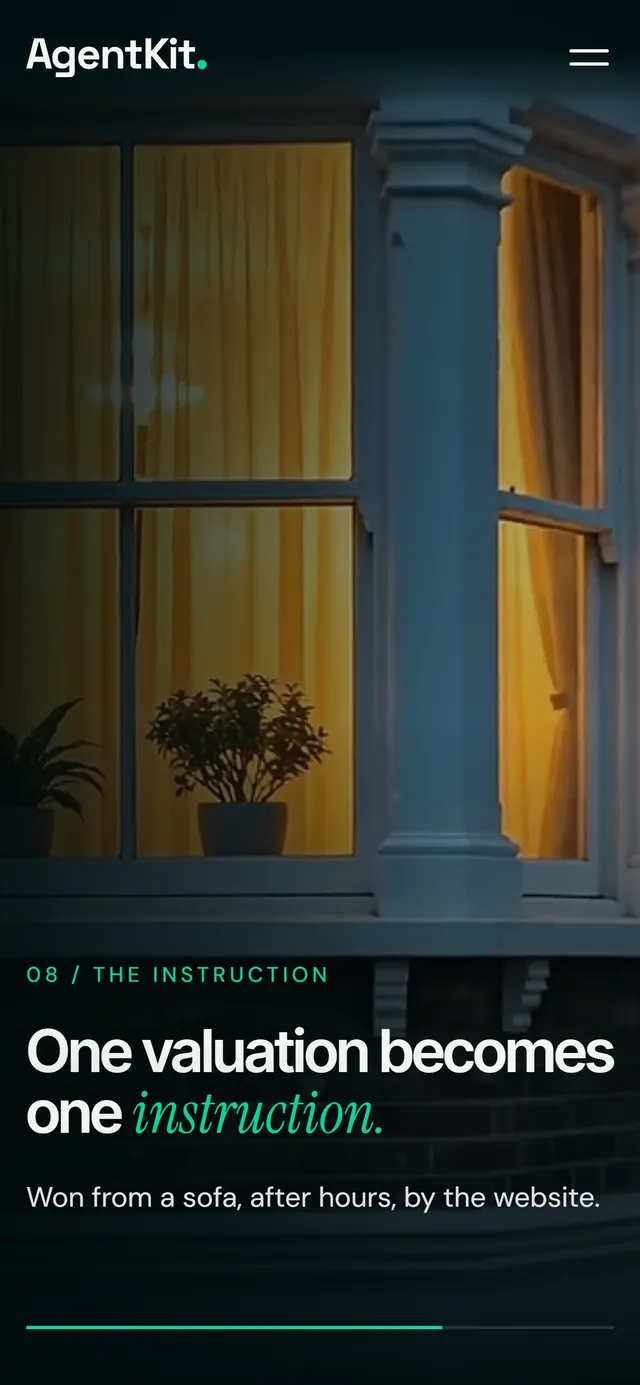 On a phone: a lit bay window. One valuation becomes one instruction.