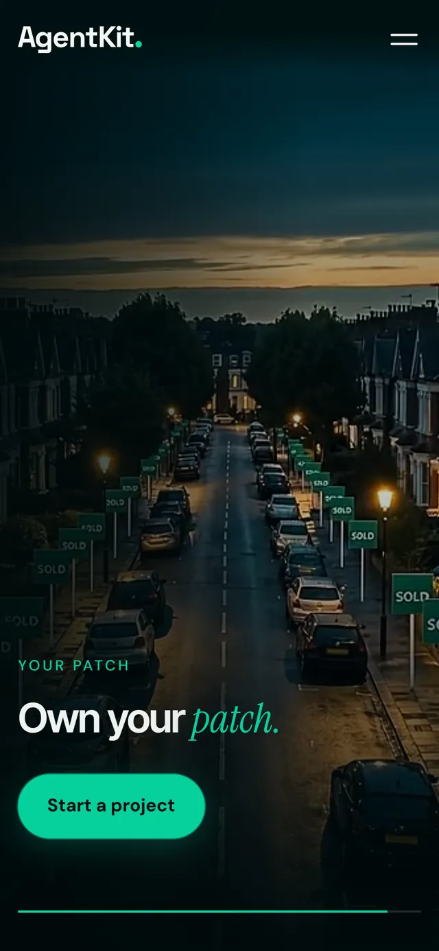 On a phone: a street of SOLD boards at dusk. Own your patch.