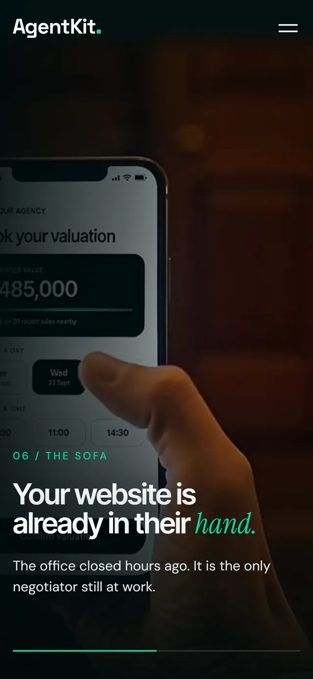 On a phone: a hand holding a phone with a valuation booking form. Your website is already in their hand.