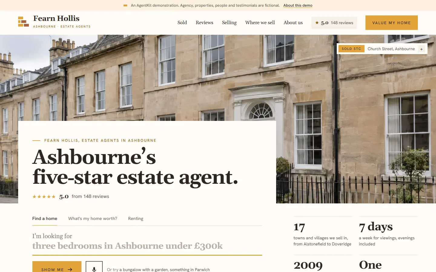 The Fearn Hollis home page: a Georgian stone town house on Church Street, Ashbourne, the headline Ashbourne's five-star estate agent, and a search that starts I'm looking for.