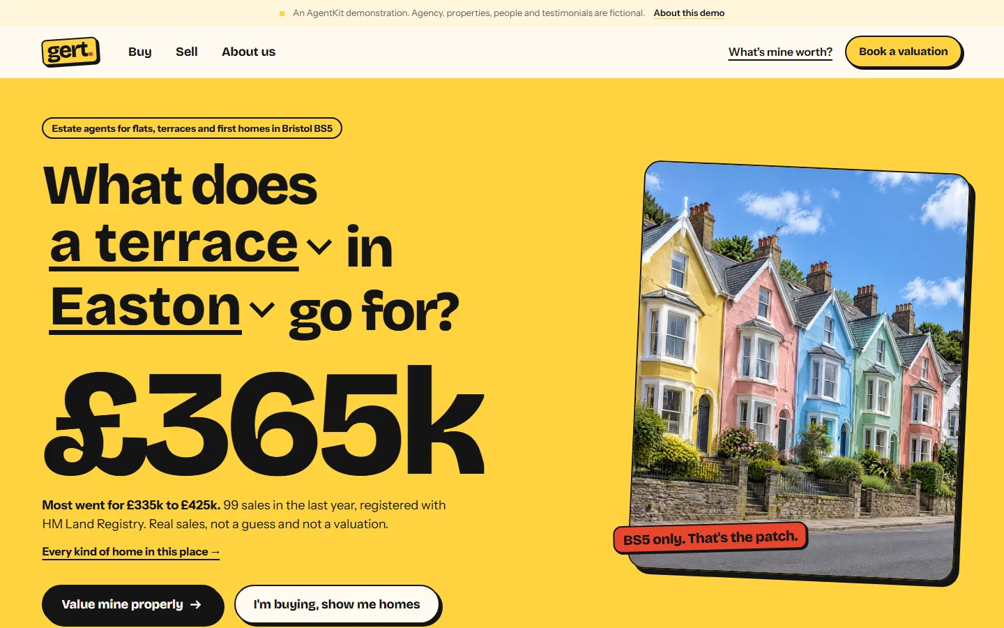 The Gert home page: bright yellow, the question What does a terrace in Easton go for? answered £365k in very large type, and a tilted photograph of painted Bristol terraces.