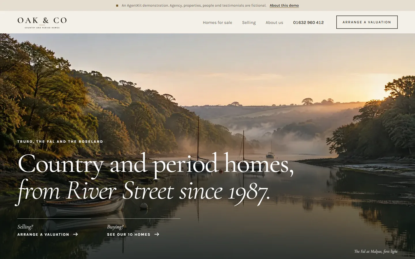The Oak & Co home page: the Fal estuary at first light, the headline Country and period homes, from River Street since 1987, and two links, Selling and Buying.