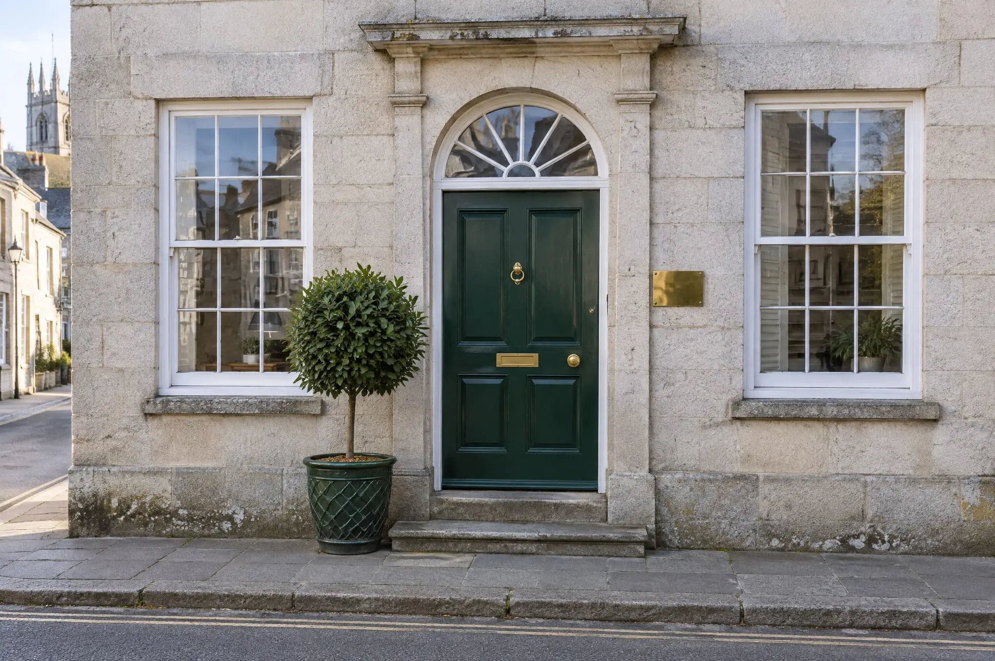 The Oak & Co office on River Street, Truro: a Georgian front with a dark green door
