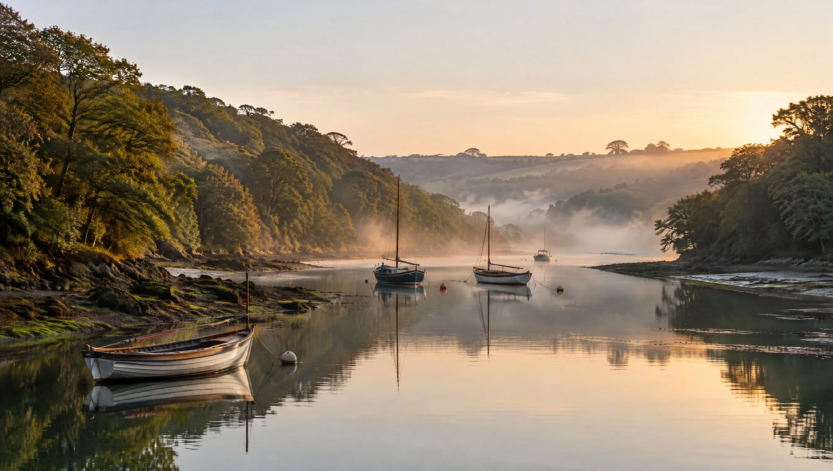 The Fal estuary at first light, with moored boats and woods running down to the water