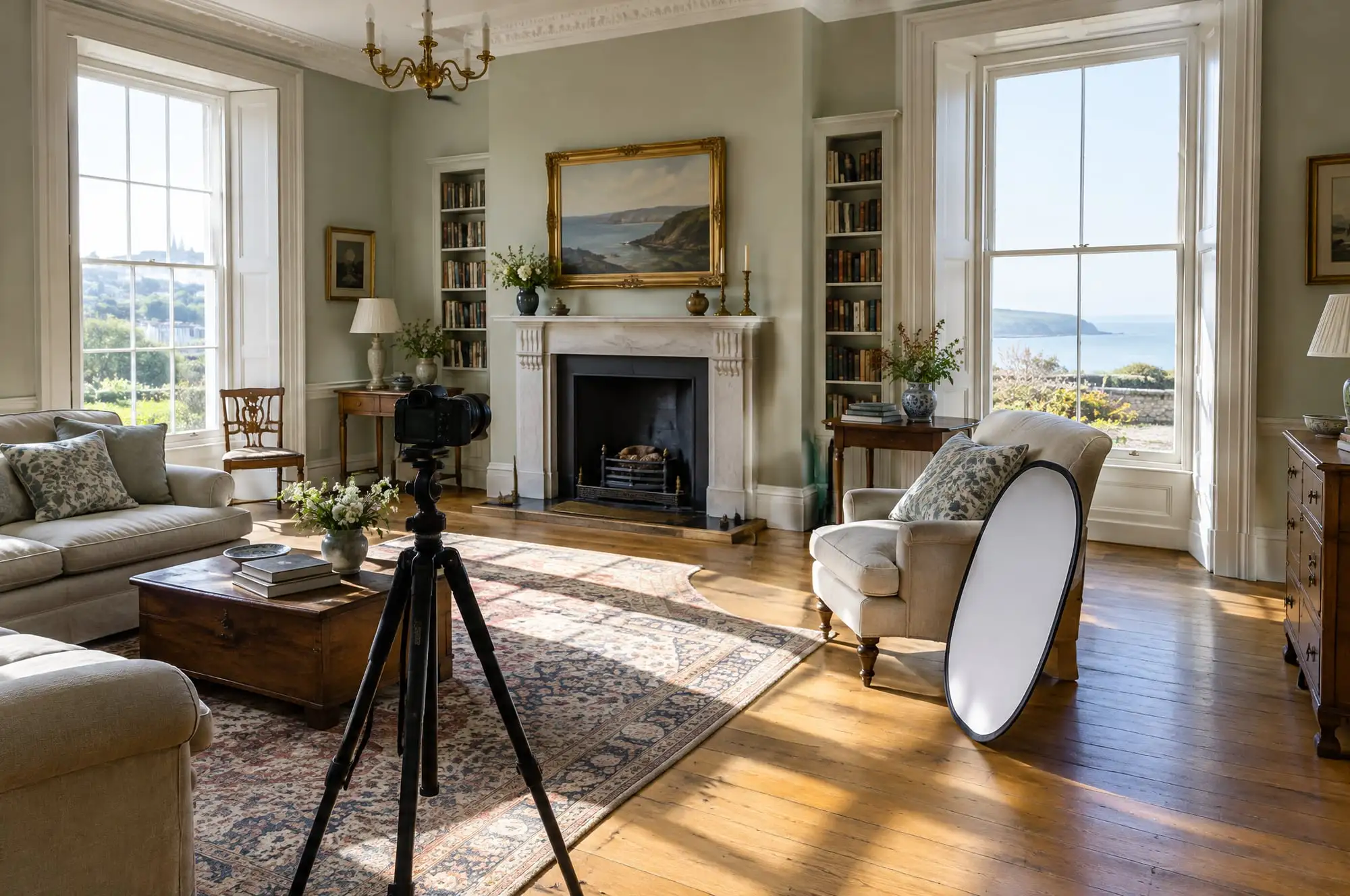A camera on a tripod and a reflector in a sunlit drawing room with tall sash windows