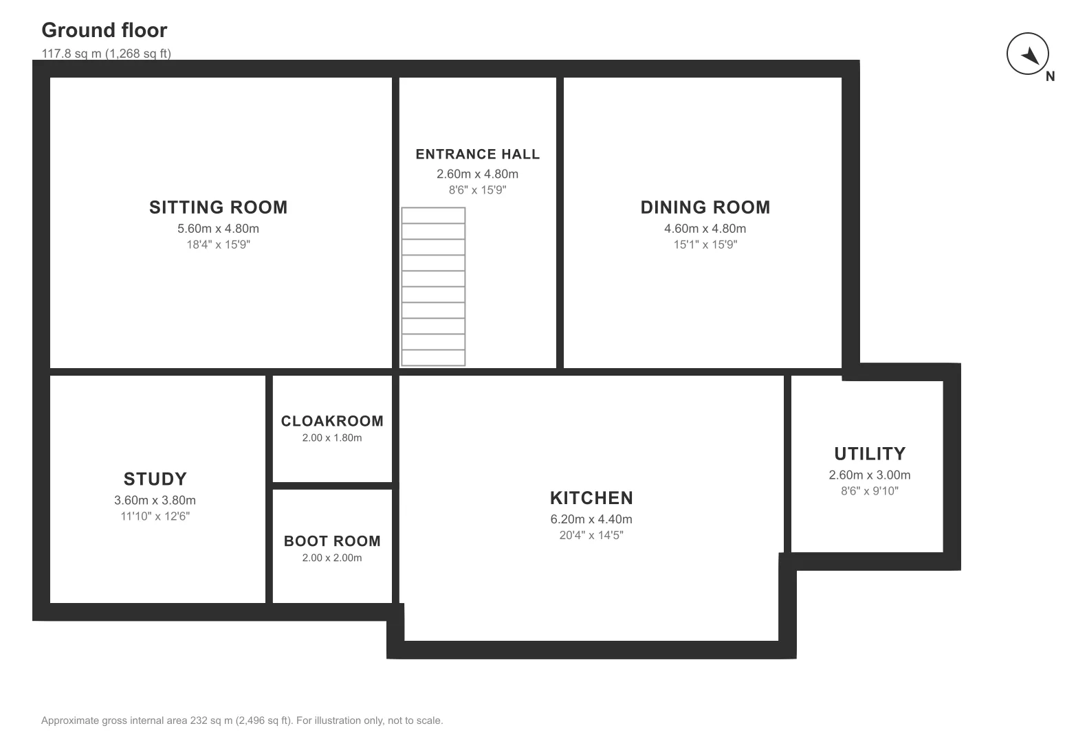 Floor plan of the ground floor of Tregenna Farmhouse, with every room's size