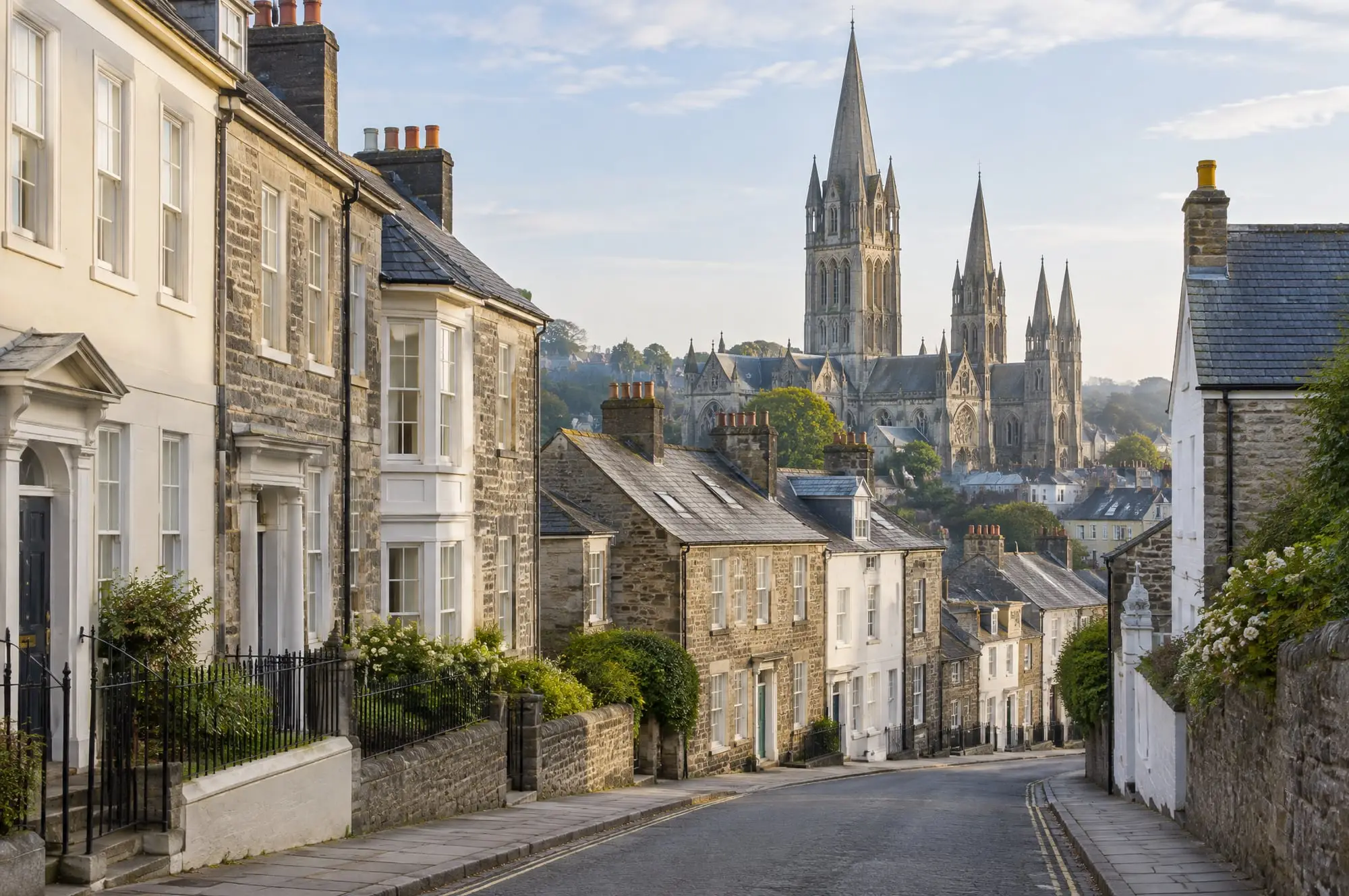 A sloping street of Georgian townhouses in Truro with the cathedral's spires behind