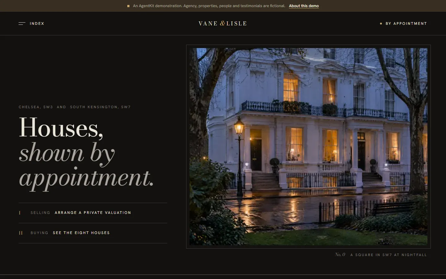 The Vane & Lisle home page: a white stucco terrace at blue hour hung in a frame on a dark wall, beside the headline Houses, shown by appointment, and two numbered links, Selling and Buying.