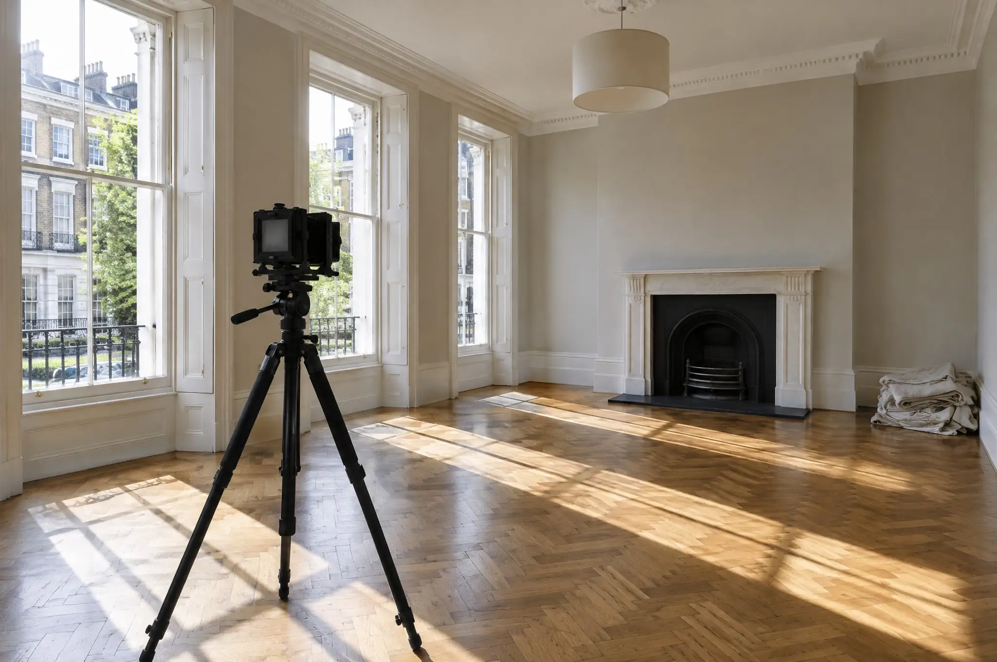 A camera on a tripod in an empty drawing room, afternoon light across the parquet (made for this demonstration)