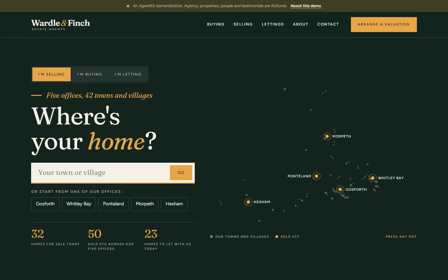 The Wardle & Finch home page: the question Where is your home? beside a dark green map of Tyneside and Northumberland with five office lights, a box for a town or village, and the offices to start from.